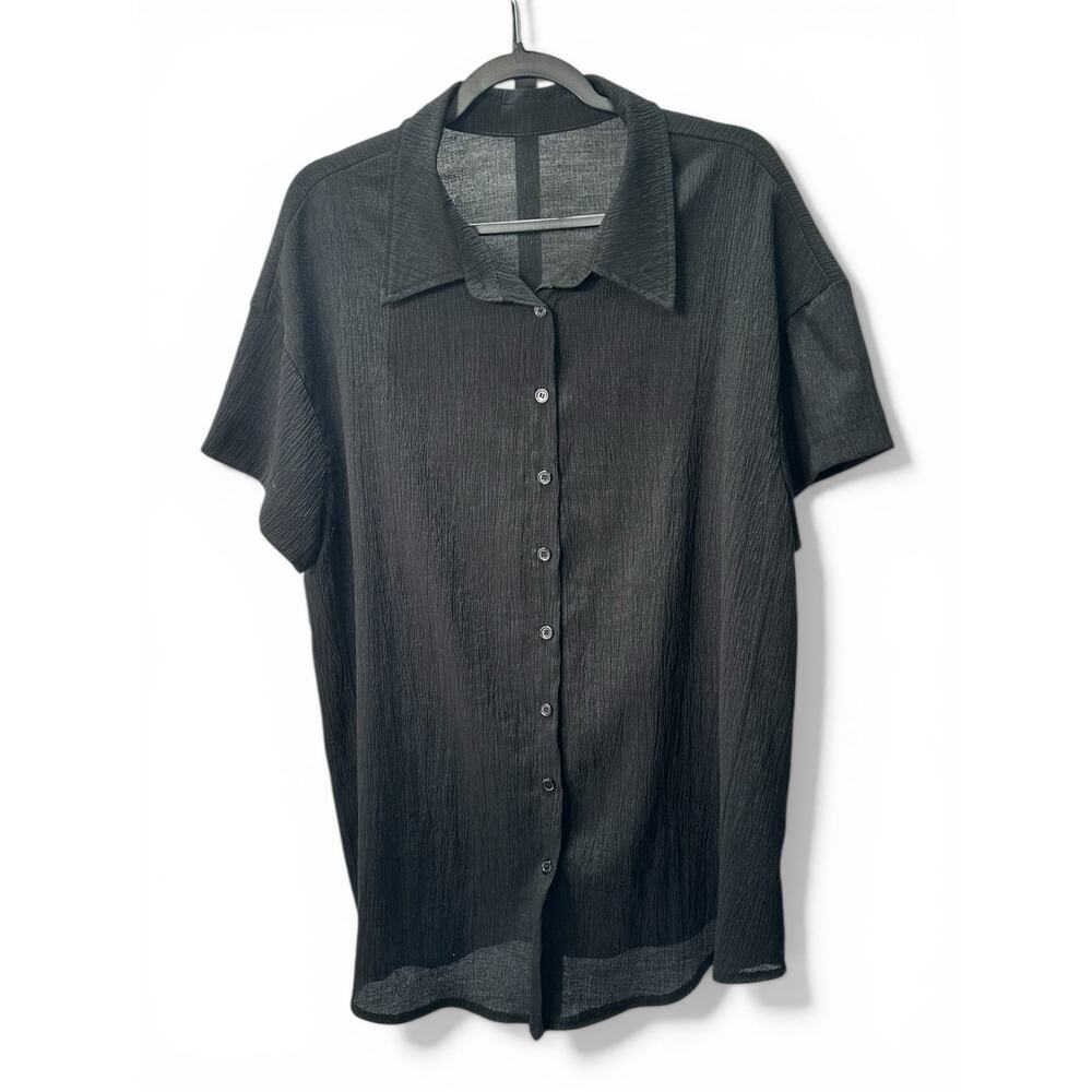 Gauze Black Short-sleeve Button Down Layering Top Size 1X EUC